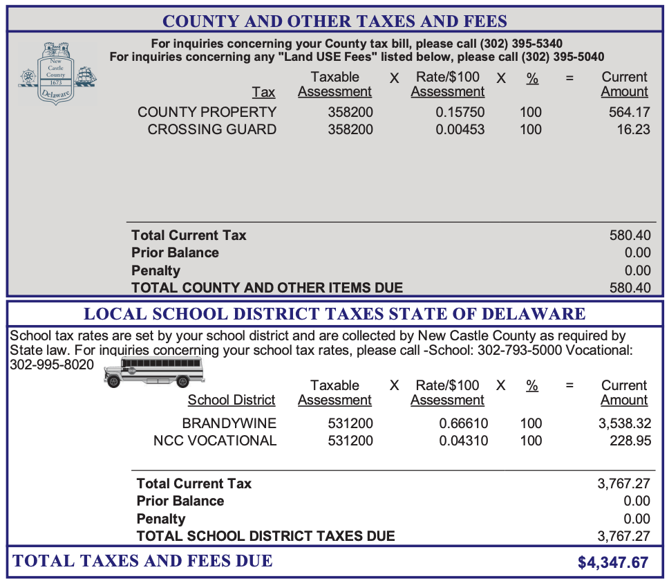 Sample tax bill showing county exemption only